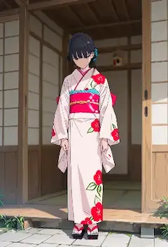 古い家で椿の着物を待つ少女