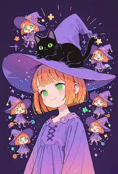 黒猫が乗った魔法帽子の下で輝く夜