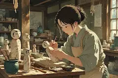雪降る工房の人形職人