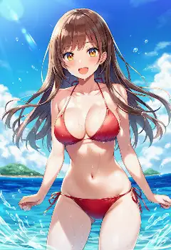 夏の波打ち際で輝く赤い笑顔