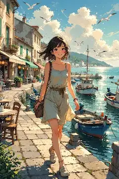 陽光きらめく港町を歩く少女