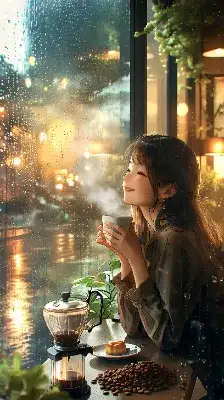 雨の窓辺で微笑むカフェのひととき