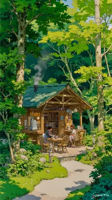 森に煙立つ山小屋カフェ／スマホ壁紙アーカイブ