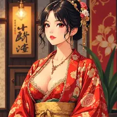 灯影に浮かぶ赤い着物美人