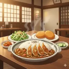 餃子カレーライス！、キムチ！、きゅうりの漬物！、コロッケ！、サラダ！