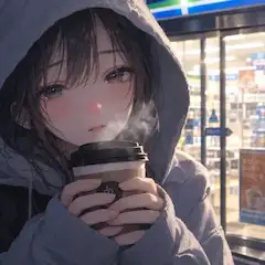 【日常エモ】冬の夜のコンビニ前｜ホットコーヒーを持つフード帽の美少女