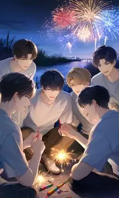 花火大会の日に仲間内で花火をする男子