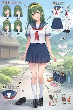 田舎の道を歩く緑髪セーラー少女
