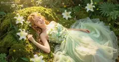 木漏れ日の妖精｜百合の香る苔のベッドで微睡む、新緑ドレスのノスタルジック・ミューズ🍃✨🌸🧚‍♀️