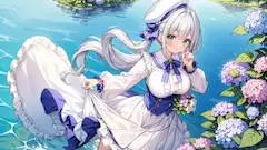 夏の湖畔で微笑む銀髪の花乙女