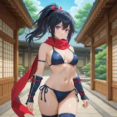 神社回廊の青いビキニ