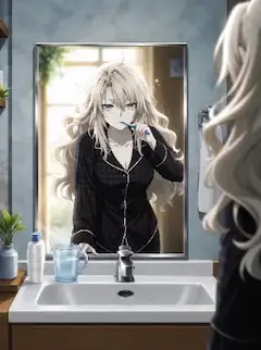 朝の支度で歯磨きするクリームヒルトさん