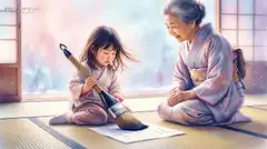 小さな手が握る大きな筆