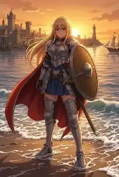 夕陽の海辺に立つ女騎士