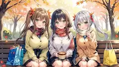 紅葉舞う公園の友情ティータイム