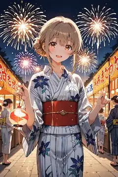 夏祭りの花火が照らす浴衣の笑顔