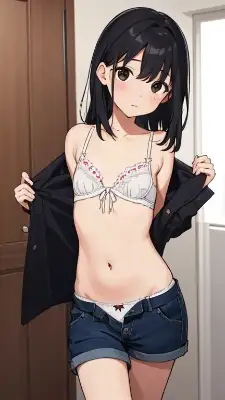 下着を見せるミディアムヘアJ〇ちゃん（私服、ショートパンツ）