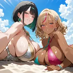 夏の砂浜に美女二人
