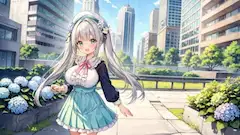 紫陽花の街角で微笑む銀髪メイド