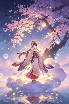幻想の夜桜に立つ美少女