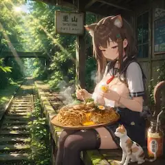 お好み焼きを食べる猫又さん