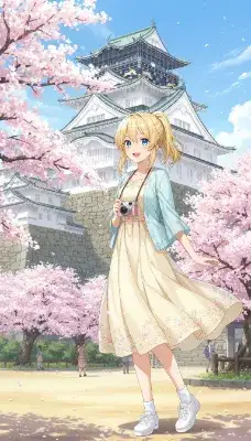 桜舞う古城で少女の春旅