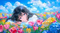 花の海に寝そべる少女の午後