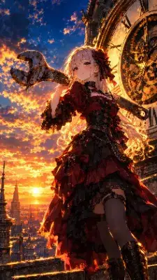 夕日に染まる時計塔と巨躯のスパナ！スチームパンクな世界を生きるゴスロリ美少女