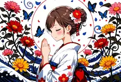 花と蝶に包まれる祈りの少女