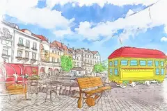 絵本風の町中のキッチンカー