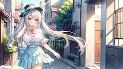 陽光の路地を彩る銀髪少女の散策