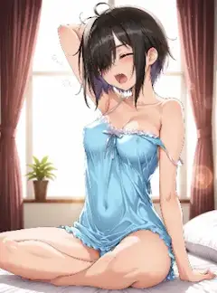 朝陽に輝くあくびの美女