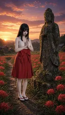 夕焼けの彼岸花と祈りの少女