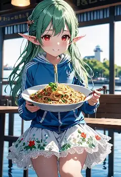 海辺の窓辺でラーメンを味わうエルフ