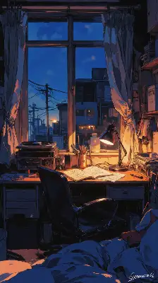 夜明け前の勉強机／スマホ壁紙アーカイブ