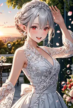 夕陽に微笑む銀髪の花嫁エルフ