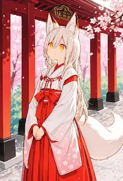 桜舞う神社に立つ白狐の巫女