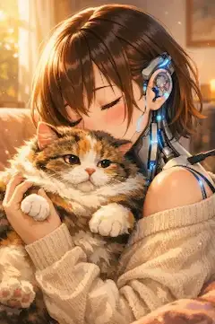 サイボーグ少女と猫の優しい夕暮れ