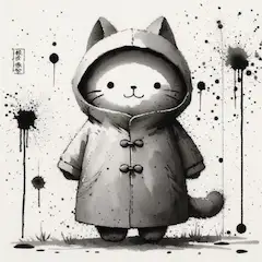 レインコート猫の水墨画