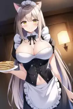 パンケーキを運ぶ猫耳メイドちゃんです。