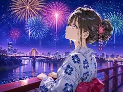 花火に包まれる浴衣の少女