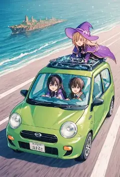 魔女三人、海沿いの道を駆ける
