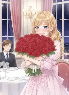 薔薇の贈り物に輝く笑顔