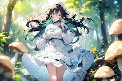 A girl lost in a mushroom forest