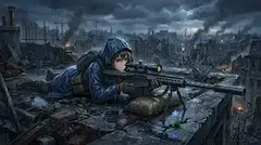 雨の廃墟で狙う少女と青い花