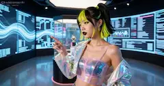 近未来の電脳空間をハックする少女｜ネオンカラーのツインテールとホログラムジャケットが織りなすサイバーパンクファンタジー