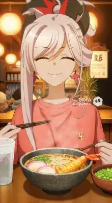 年越しうどんを食べる武蔵ちゃん