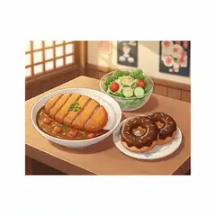 とんかつカレーライス！、サラダ！、チョコドーナツ！