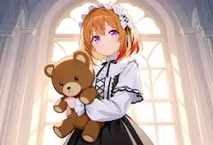 陽光差し込む館でクマを抱くメイド