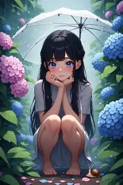 梅雨の庭でカタツムリを見つめる少女